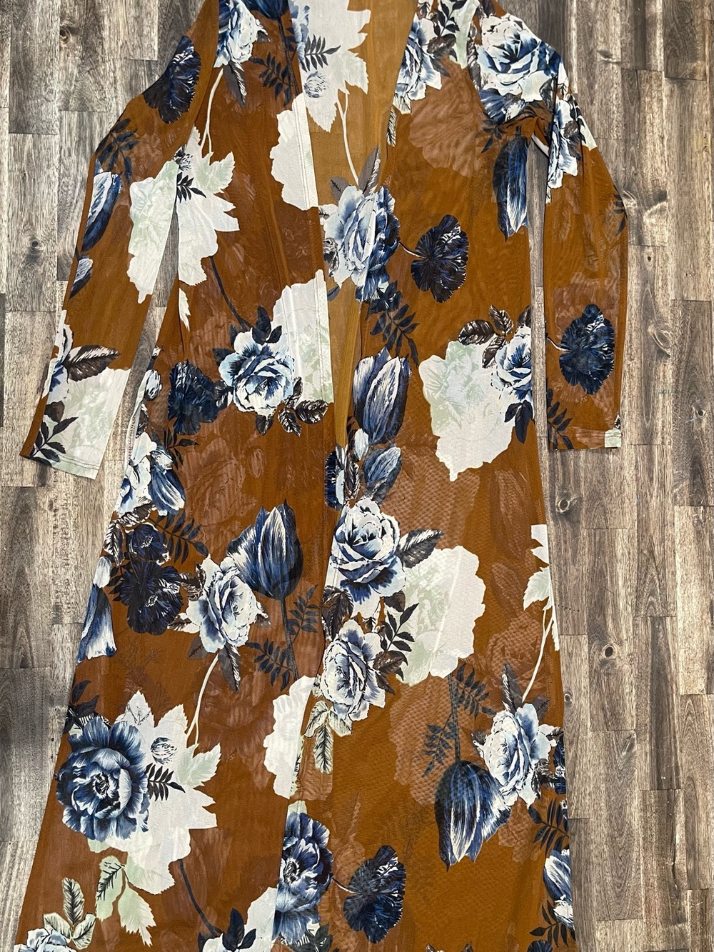 Women’s Floral Mesh Duster Cardigan Brown Blue Roses Long Open Front S/M